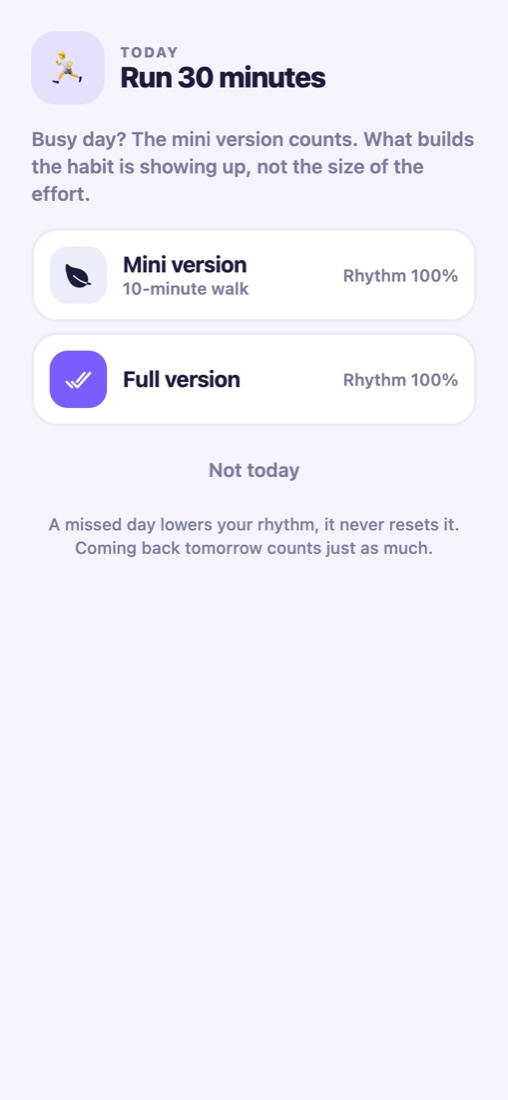 Check-in screen: mini or full version of the habit Run 30 minutes