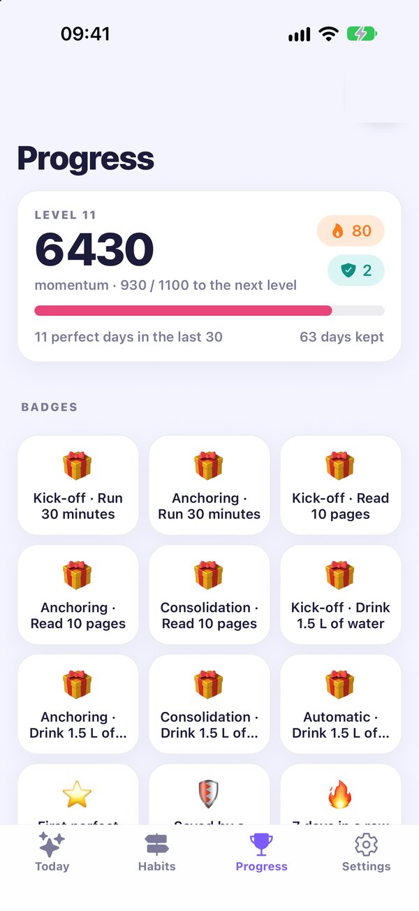 Progress screen: level, momentum, badges, statistics and year poster