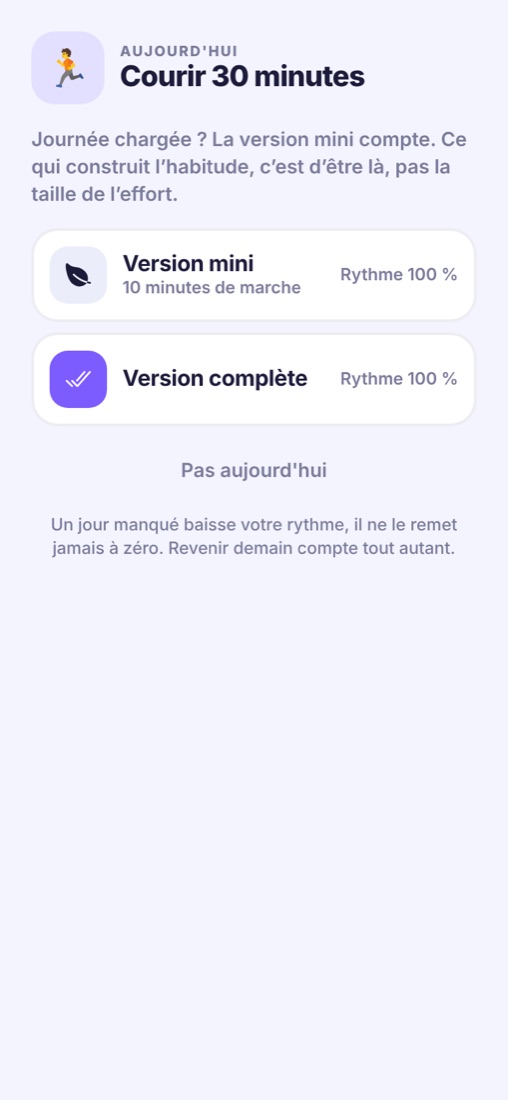 Écran de validation : version mini ou version complète de l'habitude Courir 30 minutes